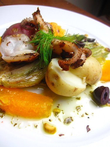 Baby Octopus a la Plancha with potatoes, roasted fennel, orange supremes, olives and pistachios