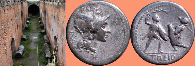 294/1 coin of Titus Didius with gladiators 113BC, beside the amphitheatre at Puteoli, underground passages for beasts, arms, mobile equipment