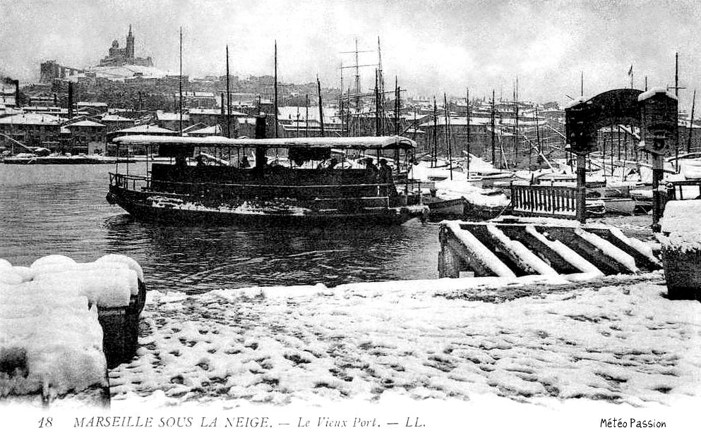 passeur et quais du Vieux Port de Marseille sous la neige le 14 janvier 1914