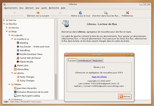 Liferea 1.4.0, lecteur de flux RSS pour Linux, sous Ubuntu Linux 7.04