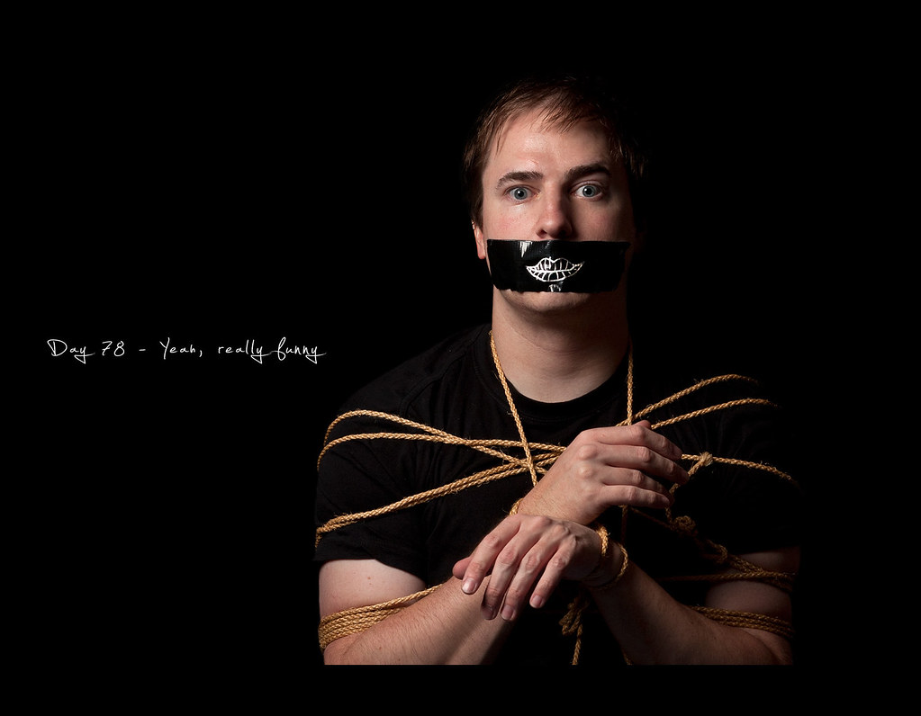 Day 78, Project 365, Self Portrait, Strobist, 078/365, project365, tied up, rope, funny, lips, gag, dark, black, on black, softbox, tape, gaffa