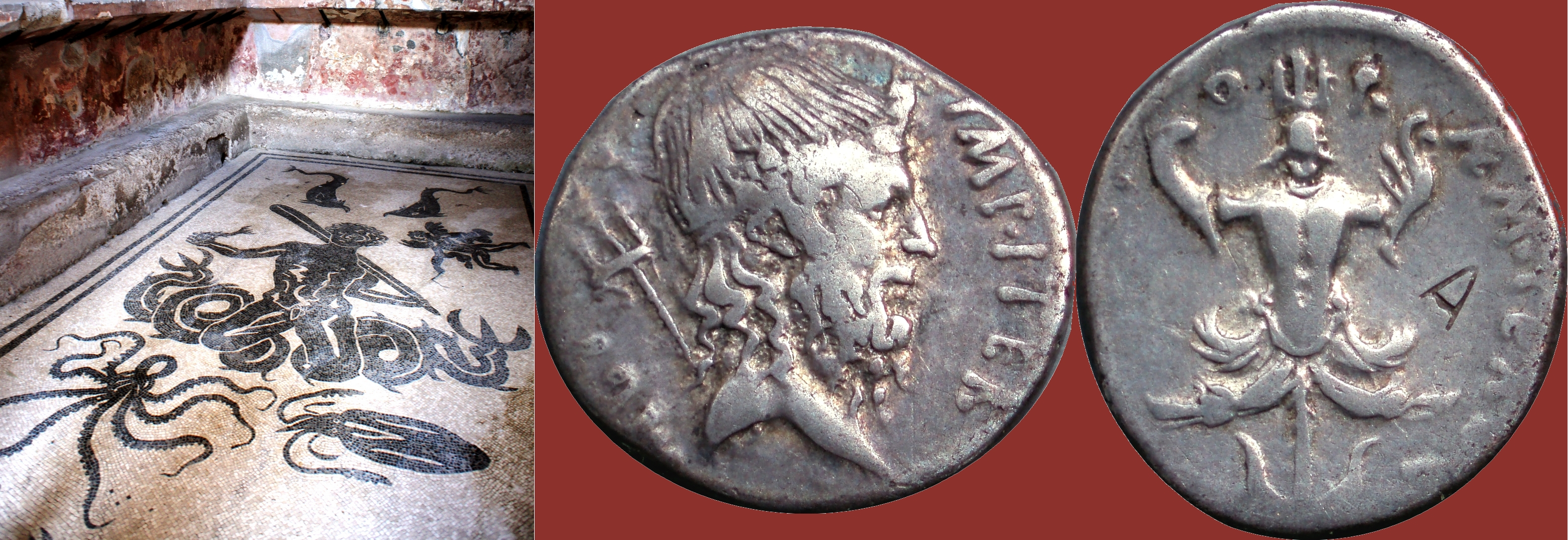 511/2 coin of Sextus Pompey with Neptune, trident, naval trophy and Scylla, beside mosaic of Triton son of Neptune, and sea creatures, at Herculaneum Women's bath