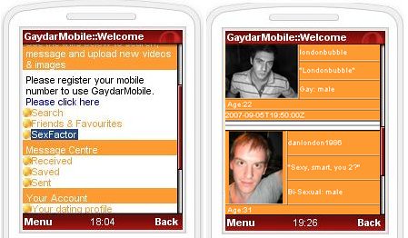 Screenshots of Gaydar mobile menu and member search