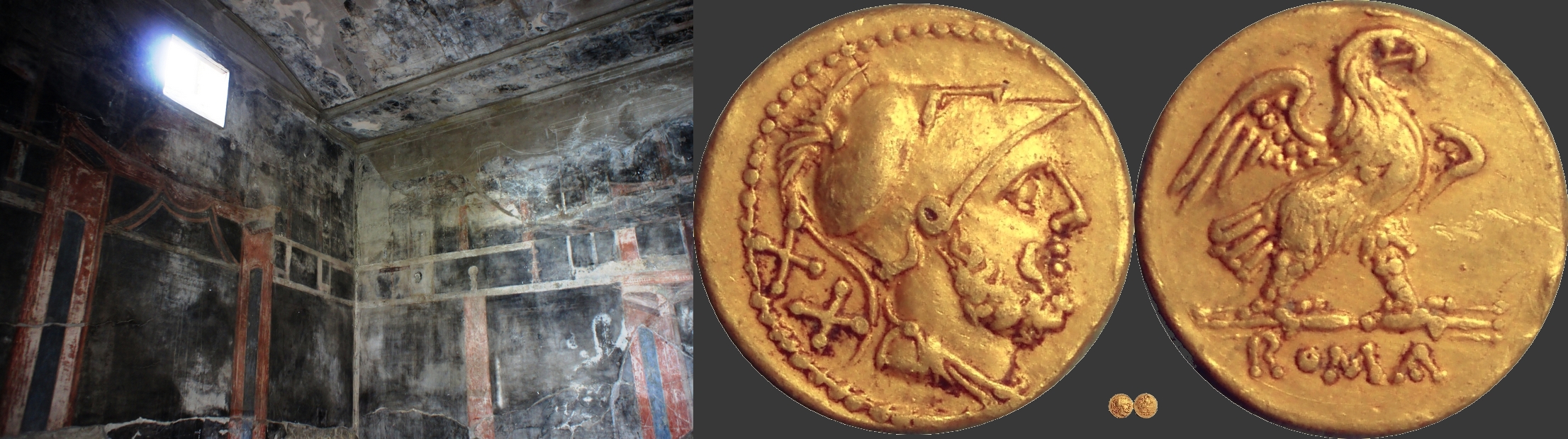 44-4 gold coin with Mars and Eagle of the 2nd Punic War, and display of wealth in a large Herculaneum dining room, the House of the Black Salon