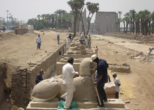 Restoration work being conducted at the Avenue of Sphinxes in the southern city of Luxor, Egypt. A 1600-year-old Coptic Church was recently discovered in the area. by Pan-African News Wire File Photos