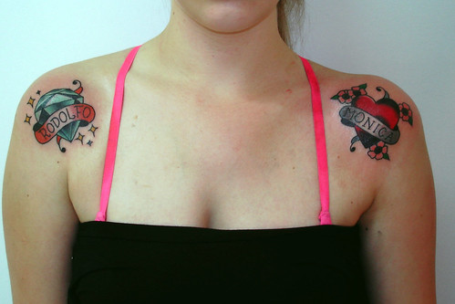 Diamond and Love Tattoo on Women Shoulder