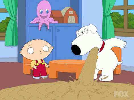 a screenshot from the episode. Brian is projectile vomiting onto the floor and Stewie watches him looking concerned.