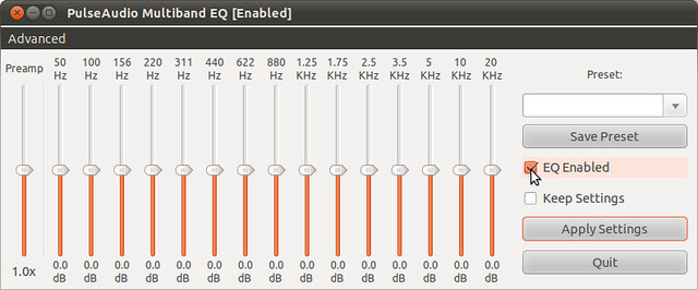 Figura 3 - Attivazione PulseAudio Equalizer, l'audio improvvisamente sale al massimo;