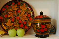 Russian lacquerware and two green wax apples, Crown Hill, Seattle, Washington, USA