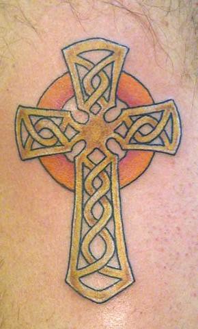 cross with banner tattoo. Simple Color Cross Tattoo