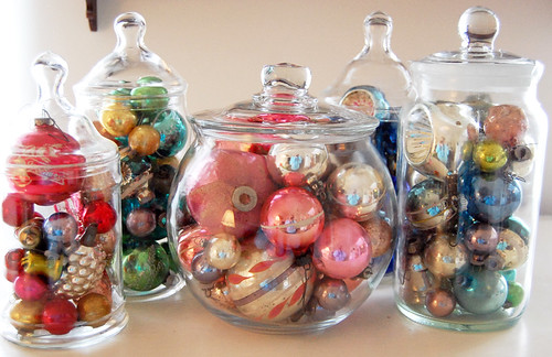 vintage christmas ornaments in jars by freshvintagestyle