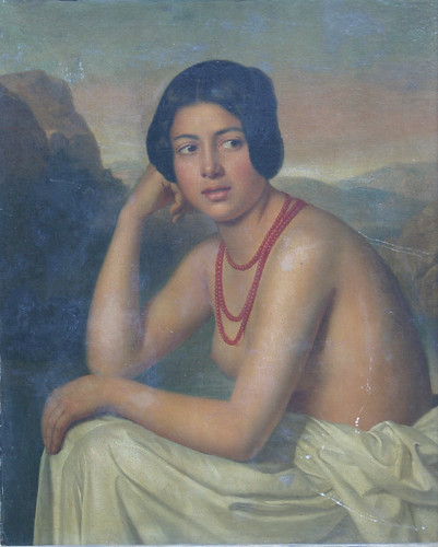 A portrait of a bare-breasted young woman, wearing a red coral necklace with a white sheet across her lap, which sold for £5,800
