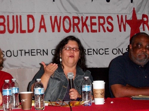 Teresa Gutierrez of Workers World speaking at the opening plenary session of the Southern Regional Conference on Socialism held in Durham, North Carolina on October 23, 2010. Saladin Muhammad is next to Gutierrez. (Photo: Abayomi Azikiwe) by Pan-African News Wire File Photos