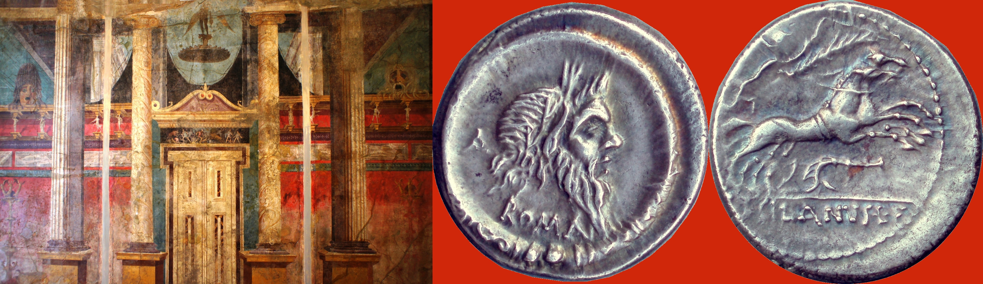 337/1 coin of Decimus Silanus with Mask of Silenus 91BC, and architectural fresco with Mask of Silenus from the Boscoreale villa of Fannius Synistor