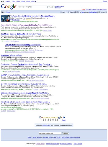 Screenshot of Google Search Results for "joe mauer batting tips" on 10/03/07