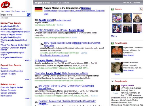 Suchergebnis "Angela Merkel" bei Ask.com (USA-Version)