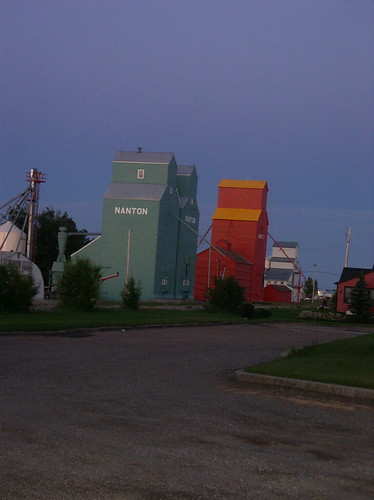 Grain elevators at dusk