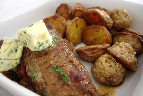 Steak with maître d’hotel butter and roasted new potatoes