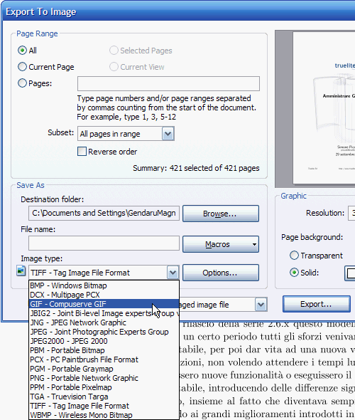 Fig. 4 - PDF XChange Viewer - Salvataggio PDF come immagini