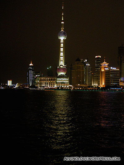 Oriental Pearl Tower with water reflection at night