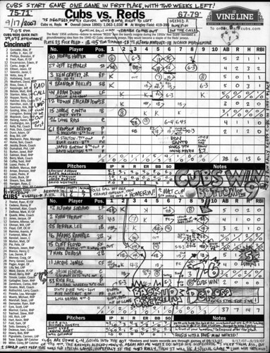 Cubs scorecard from 9/17/2007 game