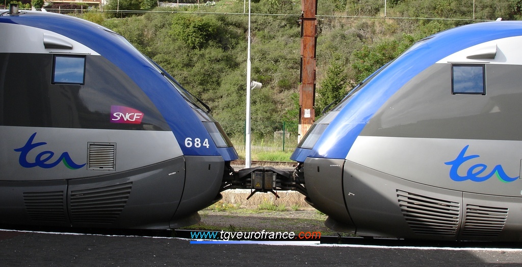 A view of the Scharfenberg coupler between two ATER X73500 railcars