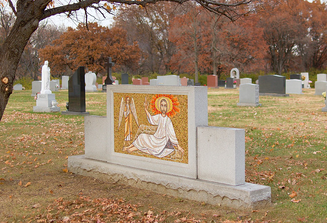 Resurrection Cemetery, in Affton, Missouri, USA - monument with a mosaic of Christ