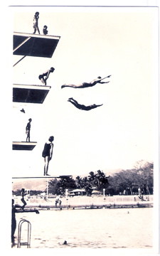 High flyers launch themselves from the dive tower at the Waikiki War Memorial Natatorium. Click the image to see a slideshow. Photo courtesy of the Hawaii State Archives.