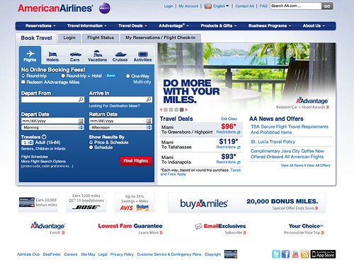 Screenshot of American Airlines' new webstie