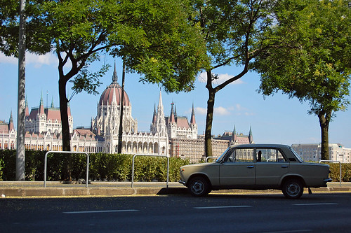 A Trabant parked in front of the Parliament