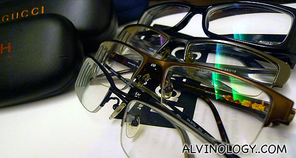 A few of my older spectacles - look at the scratched, dirty lenses, it's the reason why I need to change spectacles yearly. 