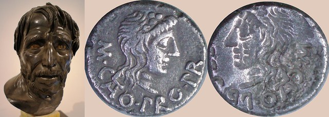462/2 brockage coin of Cato Uticences, pro-Praetor and Stoic philosopher who led Pompeian forces to defeat at Utica 46BC, with bust of Seneca, Stoic philospher in reign of Nero