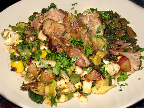 Braised Pork Shoulder and Farmer's Market Vegetable Hash with Sauteed Rainbow Swiss Chard