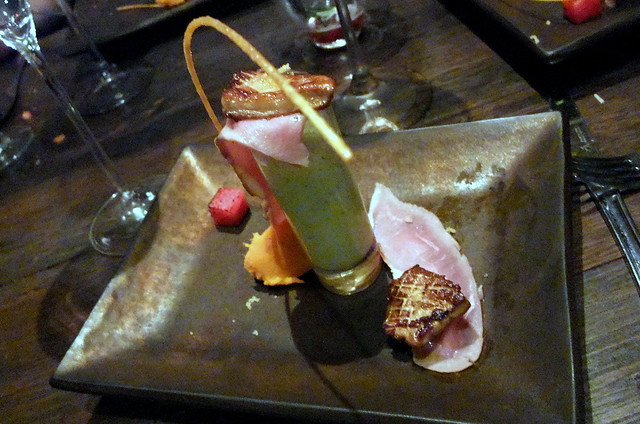 Hot Flame Agent: Blowtorched Foie Gras Smoked Duck Ribbon, Red Watermelon Cube Melon-Mint Shooter, Sweet Potato Mash and Orange Salt