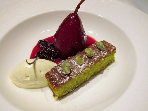 Poached Pear, Pistachio Olive Oil Cake