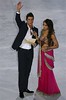 Portuguese soccer star Cristiano Ronaldo, accompanied by actress Bipasha Basu, announces Mexico's Chichen Itza pyramid as one on the new Seven Wonders of the World during the official declaration ceremony Saturday, July 7, 2007 at Luz stadium in Lisbon, Portugal
