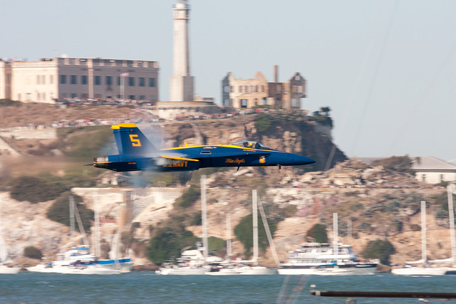 Blue Angels Transonic Sneak Pass in front of Alcatraz at SF Fleet Week 2010