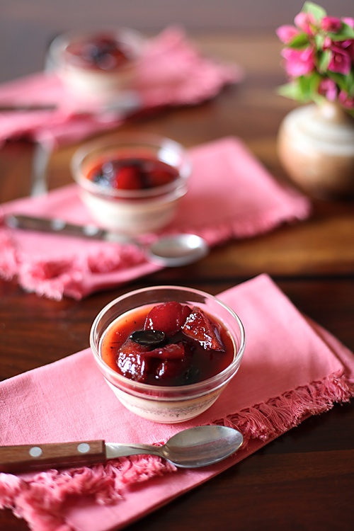 Black Raisin And Plum Compote With Baked Vanilla Bean Pudding