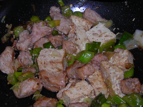 Pork & Garlic-Pepper Tofu Stir-fry (with fresh ginger & leeks)