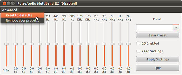 Figura 6 - Rimozione profili utente e ripristino valori di default di PulseAudio Equalizer;