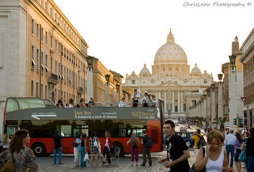 Jazz Bus as well as Golden Glow upon St. Peter's Basilica upon the Lovely Roman Summer Day
