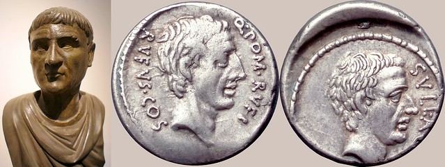 54BC 434/1 coin of Publius Cornelius Sulla with Pompeius Rufus, together with a portrait statue of Sulla