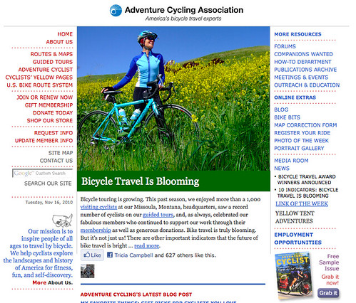 Screen shot Adventure Cycling home page