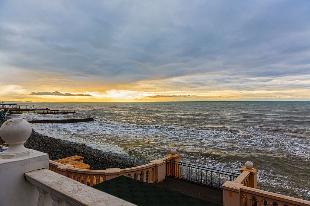 : sunrise on the waterfront of Sochi in January