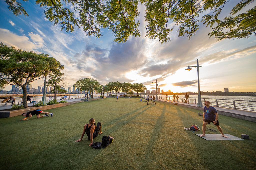 The Pier 46 turf at sunset in Greenwich Village along the Hudson in New York's West side. 