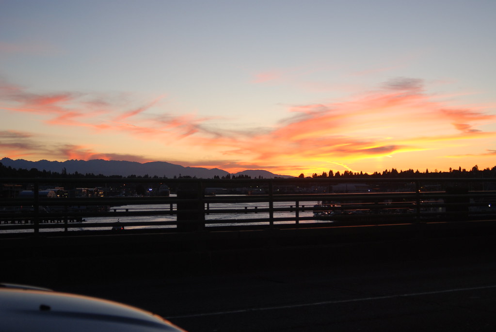 : Sunset while stopped on Ballard Bridge (which was up)