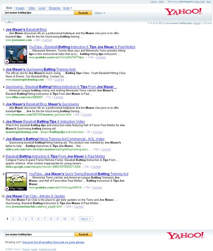 Screenshot of Yahoo Search Results for "joe mauer batting tips" on 10/02/07
