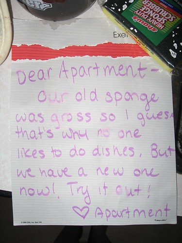 Dear Apartment — Our old sponge was gross so I guess that why no one likes to do dishes. But we have a new one now! Try it out! <3 Apartment