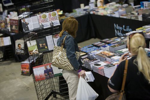 Shoppers at New Life Book Table