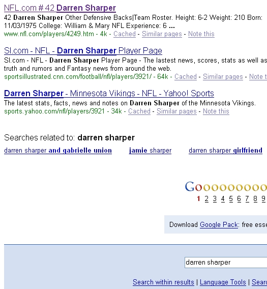 Google Search Results for Darren Sharper on 08/26/07